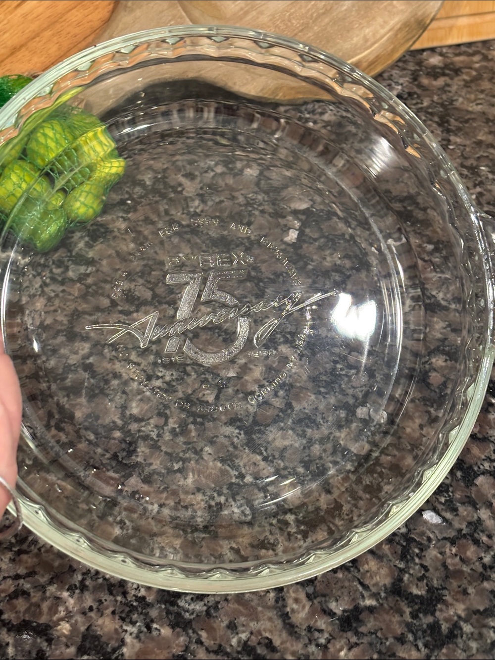 Pyrex Clear Glass Pie Plate with Embossed 75th Anniversary Design